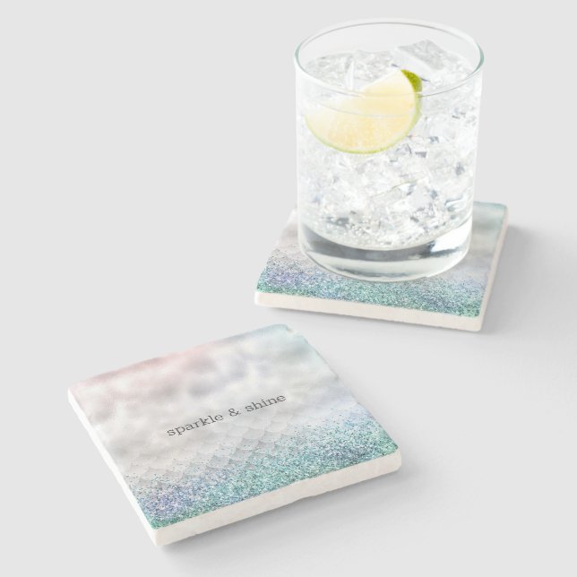 Silver Confetti Aqua Pink Glitter Sparkle Mermaid Stone Coaster (Side)
