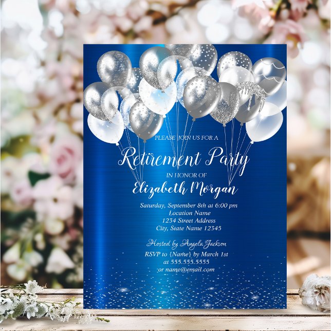 Silver Confetti Balloons Blue Metallic Retirement  Invitation (Creator Uploaded)