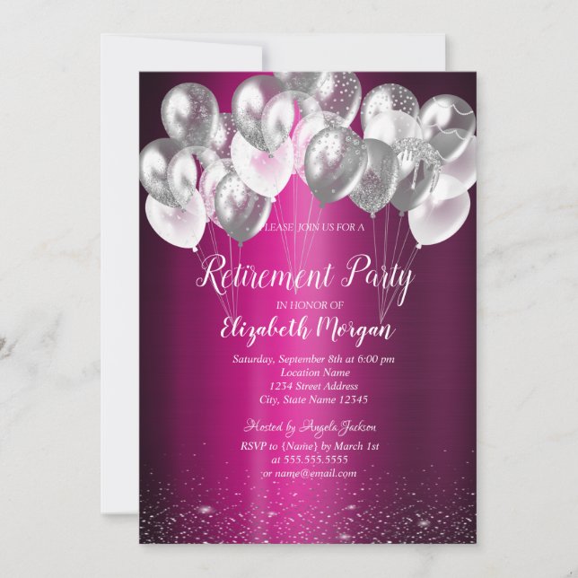 Silver Confetti Balloons Purple Retirement  Invitation (Front)