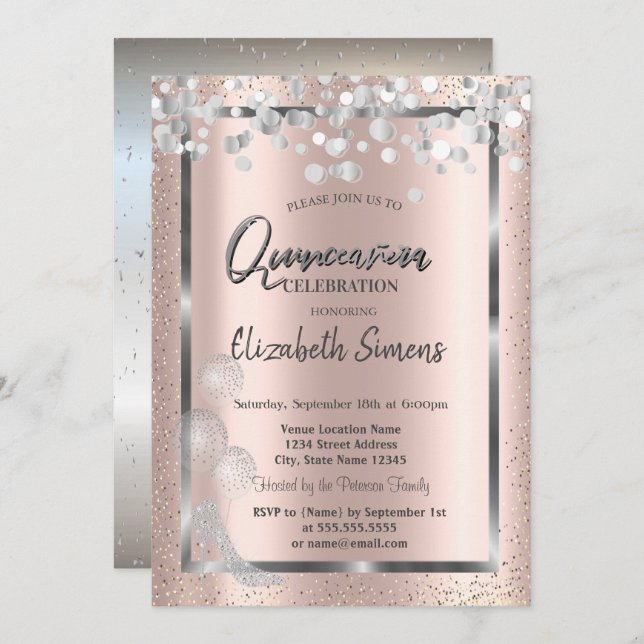 Silver Confetti Balloons Rose Gold Quinceañera  Invitation (Front/Back)