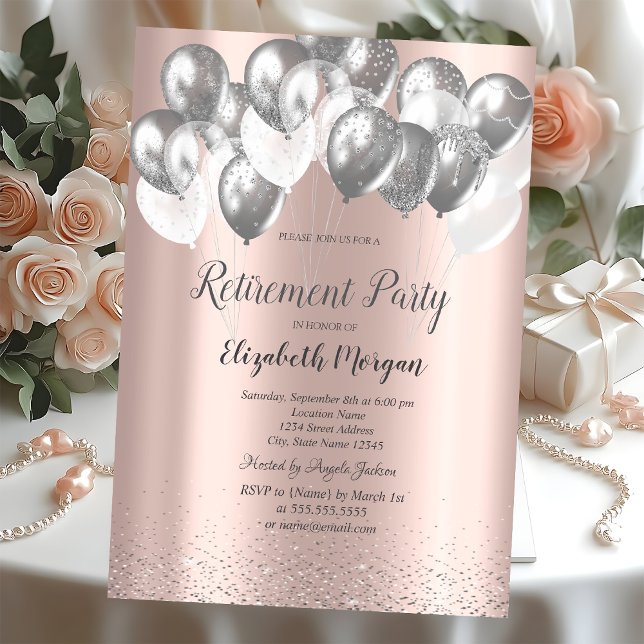 Silver Confetti Balloons Rose Gold Retirement Invitation (Creator Uploaded)