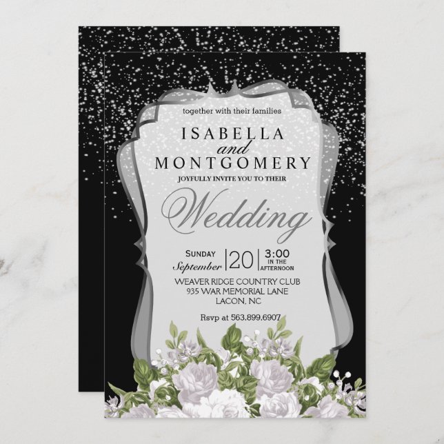 Silver Confetti, Black and White Floral Wedding Invitation (Front/Back)