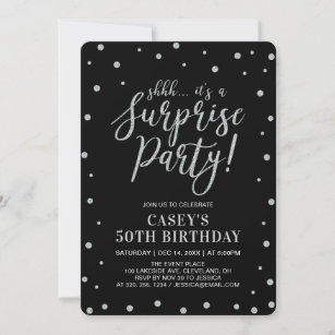 Silver Confetti & Black   Surprise Birthday Party Invitation