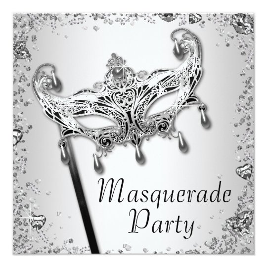 Silver Confetti Black White Masquerade Party Invitation Au