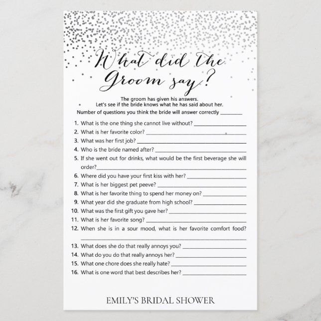 Silver Confetti Bridal Shower Game PRINTED (Front)