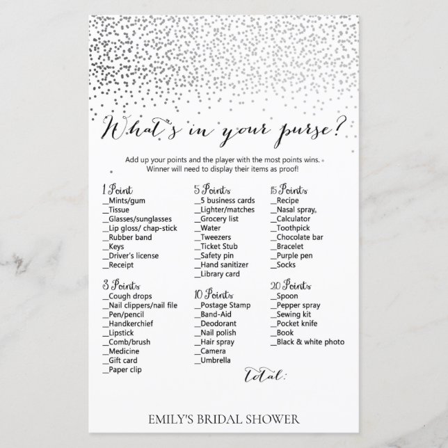 Silver Confetti Bridal Shower Game PRINTED (Front)