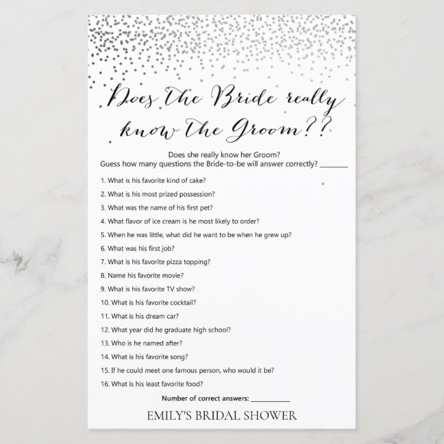Silver Confetti Bridal Shower Game PRINTED (Front)