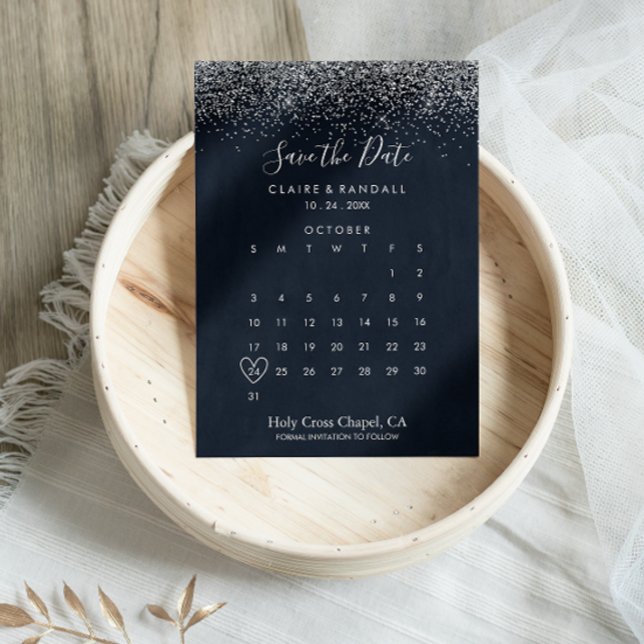 Silver Confetti Calligraphy Save the Date Calendar (Creator Uploaded)