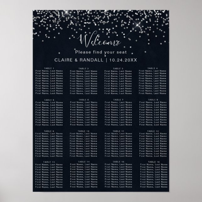 Silver Confetti Calligraphy Wedding Seating Chart (Front)