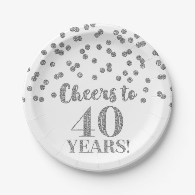 Silver Confetti Cheers to 40 Years Birthday Paper Plate (Front)