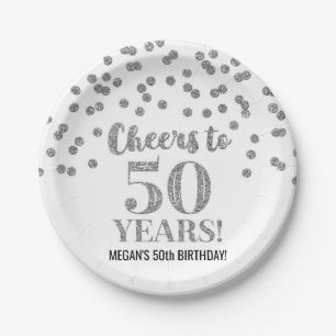 Silver Confetti Cheers to 50 Years Birthday Paper Plate