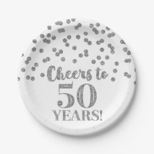 Silver Confetti Cheers to 50 Years Birthday Paper Plate