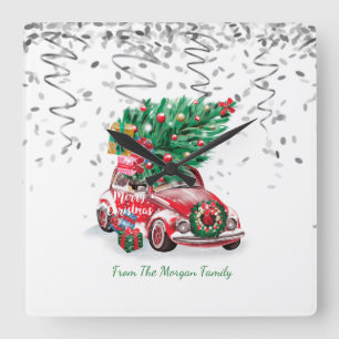 Silver Confetti,Christmas Red Car Pine Tree Snow Square Wall Clock