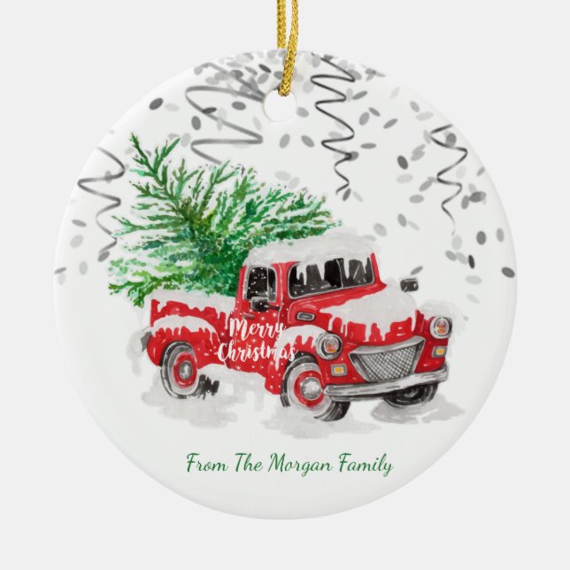 Silver Confetti,Christmas Red Truck Pine Tree Snow Ceramic Ornament (Front)