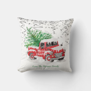 Silver Confetti,Christmas Red Truck Pine Tree Snow Cushion