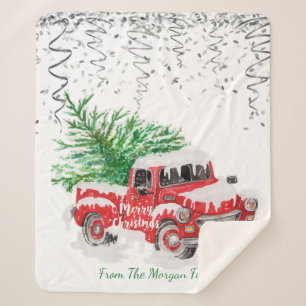 Silver Confetti,Christmas Red Truck Pine Tree Snow Sherpa Blanket