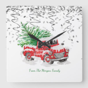 Silver Confetti,Christmas Red Truck Pine Tree Snow Square Wall Clock