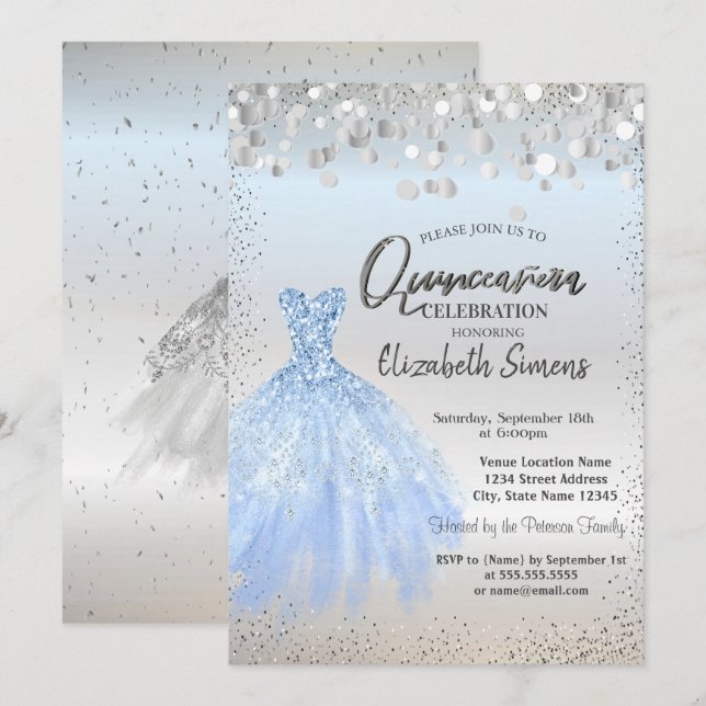 Silver Confetti Dots,Blue Dress Quinceañera Invitation (Front/Back)