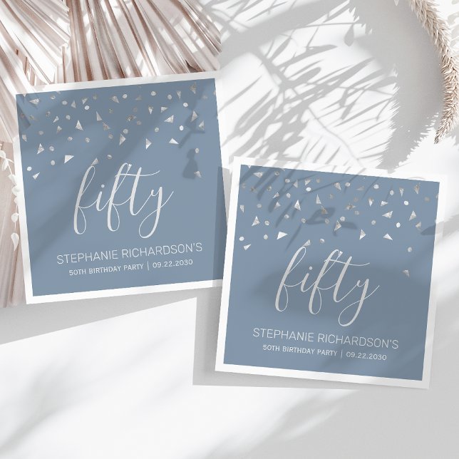 Silver Confetti Dusty Blue 50th Birthday Party Napkin (Creator Uploaded)