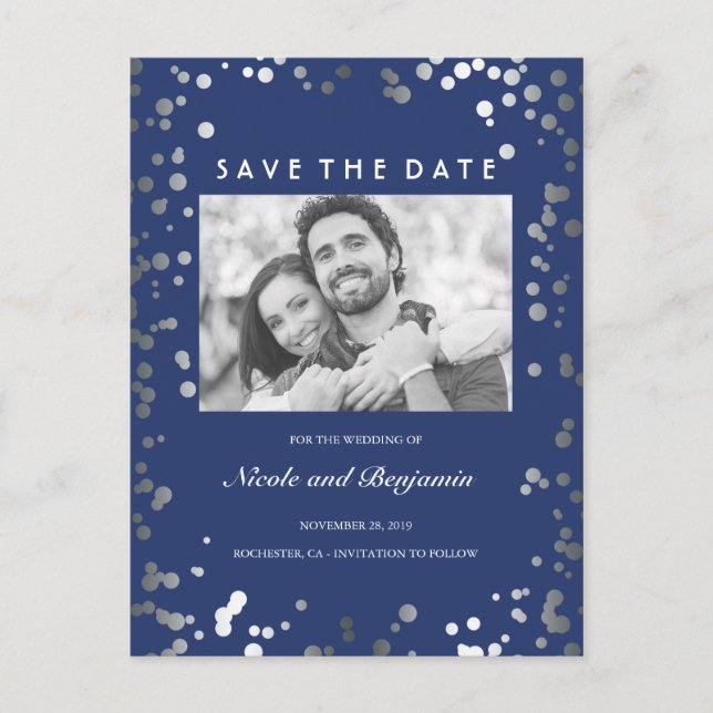 Silver Confetti Elegant Navy Photo Save the Date Announcement Postcard (Front)