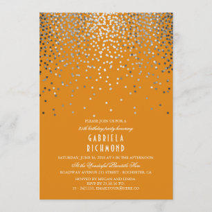Silver Confetti Elegant Orange Birthday Party Invitation