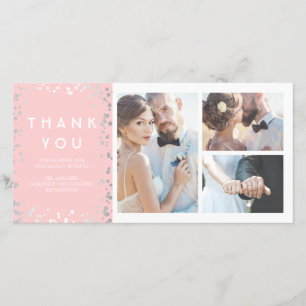 Silver Confetti Elegant Pink Wedding Thank You Card