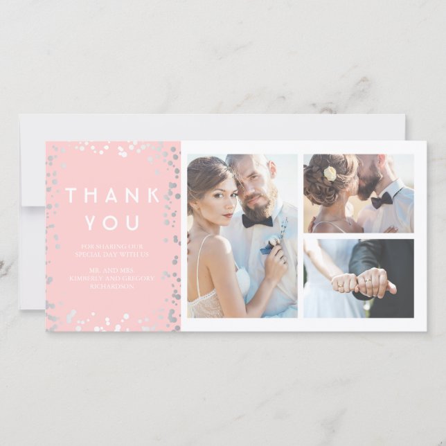 Silver Confetti Elegant Pink Wedding Thank You Card (Front)