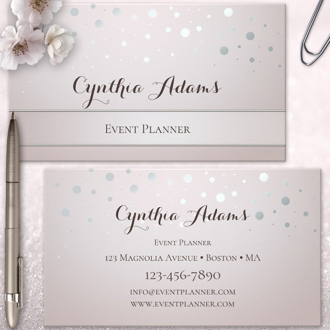 Silver Confetti Event Planner Business Card (Event planner business card featuring chic sparkling silver confetti on a blush pink background)