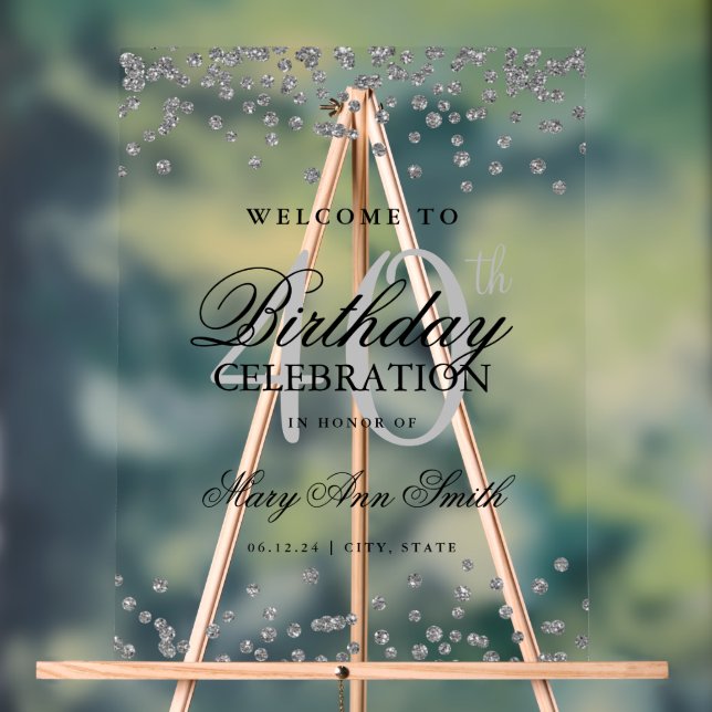 Silver Confetti Glitter 40th Birthday Welcome  Acrylic Sign (Neutral)