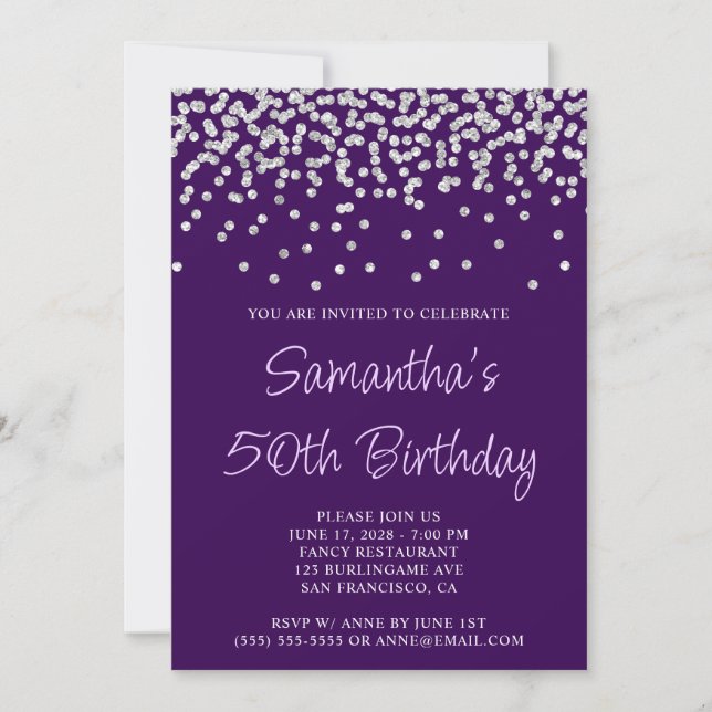 Silver Confetti Glitter Dark Purple 50th Birthday Invitation (Front)