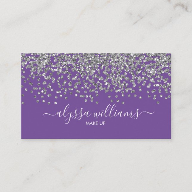 Silver Confetti Glitter Purple Modern Script Business Card (Front)
