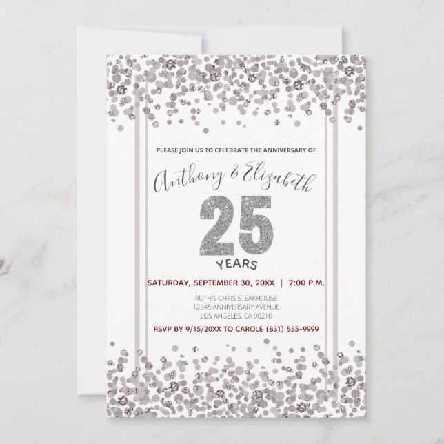 Silver Confetti Glitter-Style 25th Anniversary Invitation (Front)