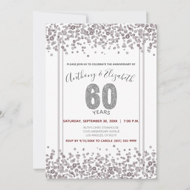Silver Confetti Glitter-Style 60th Anniversary Invitation (Front)
