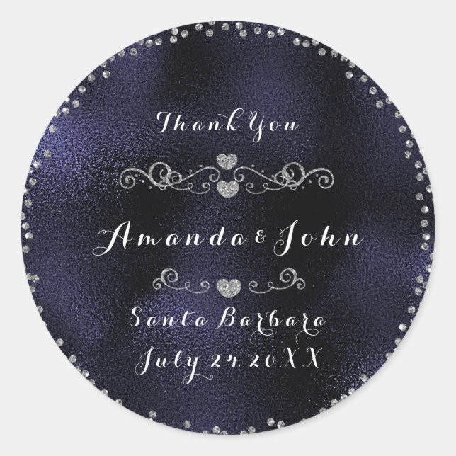 Silver Confetti Glitter Thank You Blue Navy Classic Round Sticker (Front)