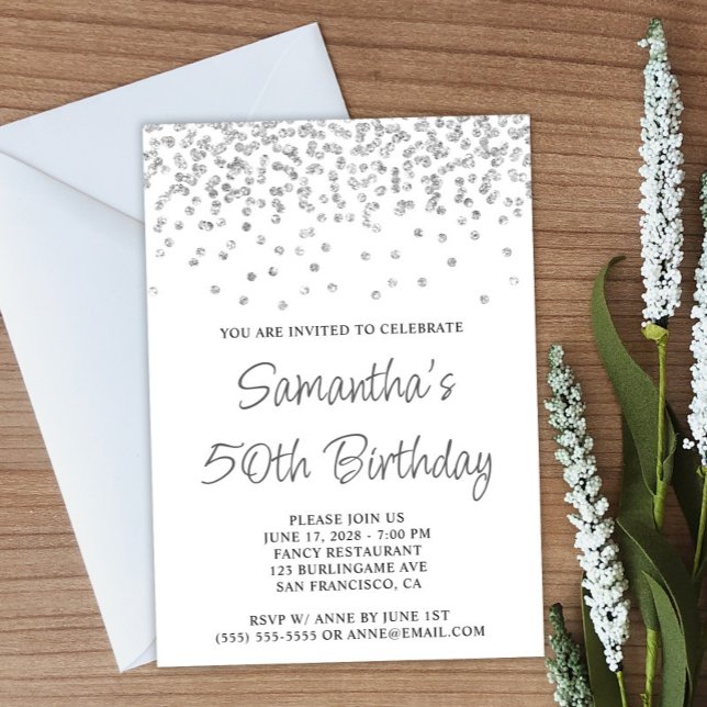 Silver Confetti Glitter White 50th Birthday Invitation (Create your own birthday invitation.)