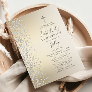 Silver Confetti Gold Ombre First Holy Communion Invitation