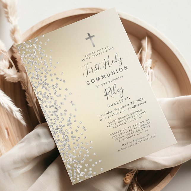 Silver Confetti Gold Ombre First Holy Communion Invitation (Creator Uploaded)