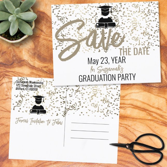 Silver Confetti Graduation Party Save The Date  Announcement Postcard (Creator Uploaded)