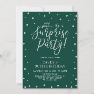 Silver Confetti & Green   Surprise Birthday Party Invitation