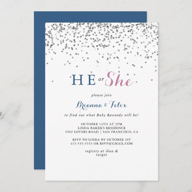 Silver Confetti He or She Gender Reveal  Invitation (Front/Back)