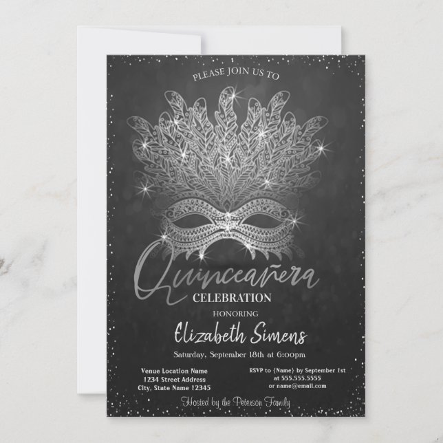 Silver Confetti Masque Dark Quinceañera  Invitation (Front)