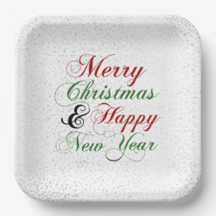 Silver Confetti Merry Christmas Happy New Year Paper Plate