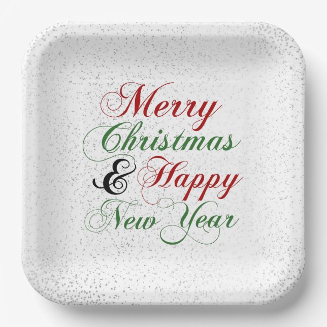 Silver Confetti Merry Christmas Happy New Year Paper Plate (Front)