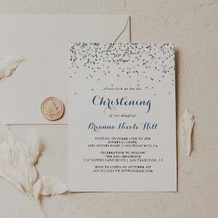 Silver Confetti Minimalist Christening  Invitation