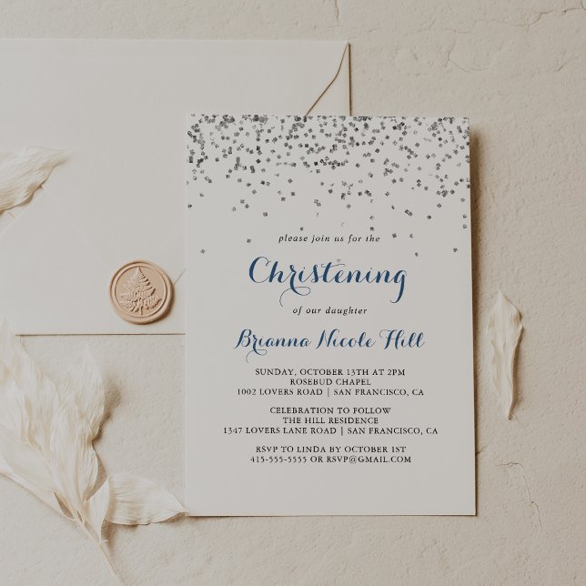 Silver Confetti Minimalist Christening  Invitation (Creator Uploaded)