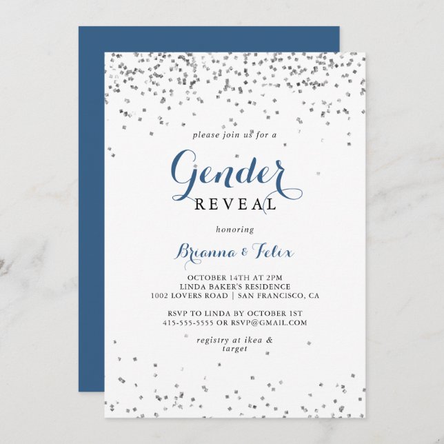 Silver Confetti Minimalist Gender Reveal Party  Invitation (Front/Back)