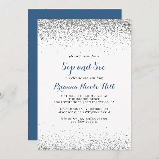 Silver Confetti Minimalist Sip and See  Invitation (Front/Back)