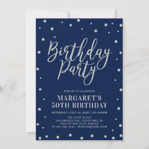 Silver Confetti & Navy   Adult Birthday Party Invitation