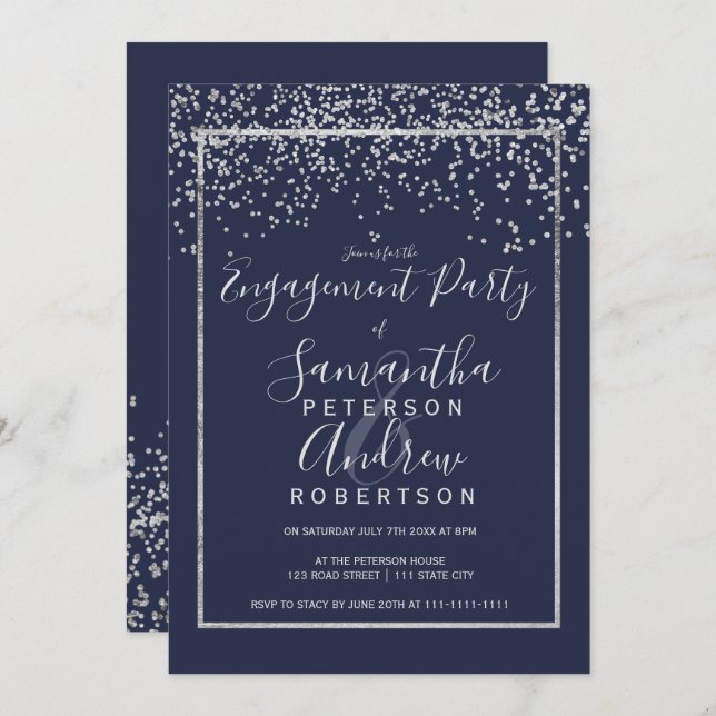 Silver confetti navy blue typography engagement invitation (Front/Back)