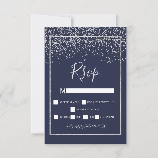 Silver confetti navy blue typography rsvp card (Front)